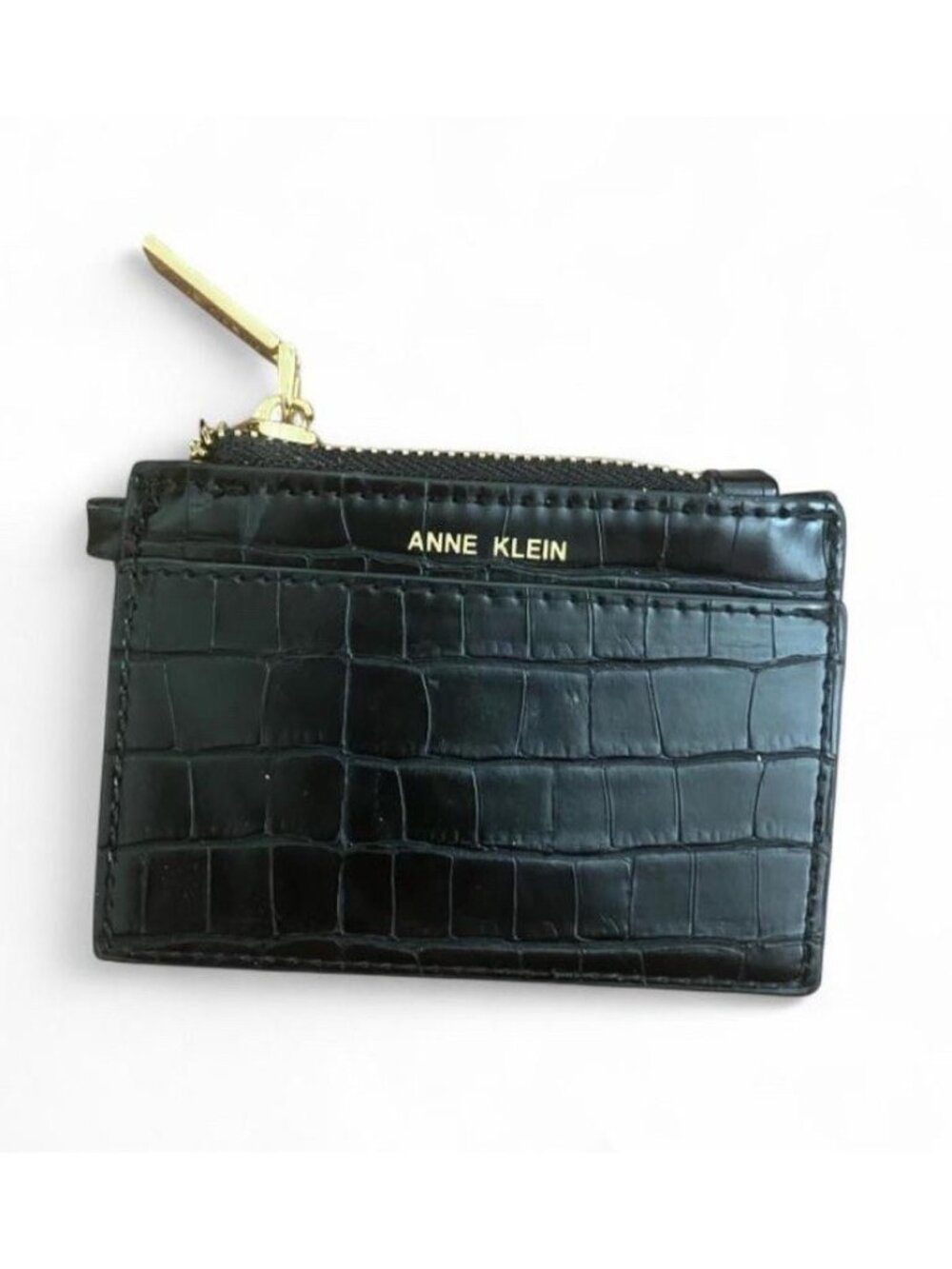 Anne Klein Black Crocodile Embossed Leather Card Holder Zip Pouch Wallet Coin